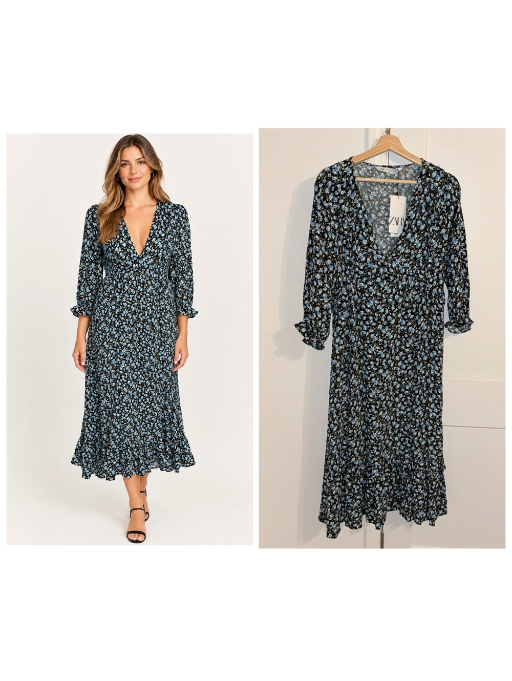 Zara NWT $70 Woman’s XL floral Ruffle hem midi dress flowered Open Neck
